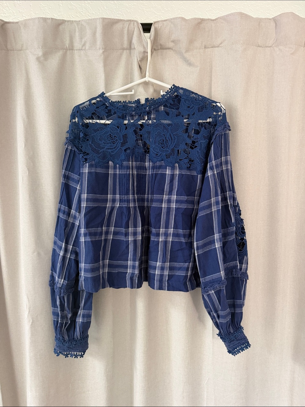 Free People Navy Plaid Crochet Yoke Long Sleeve Top